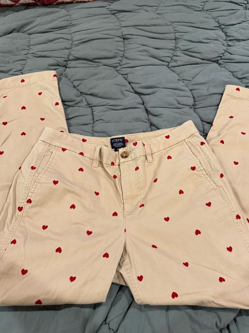 J. Crew High Rise Girlfriend Chinos with Red Heart Print